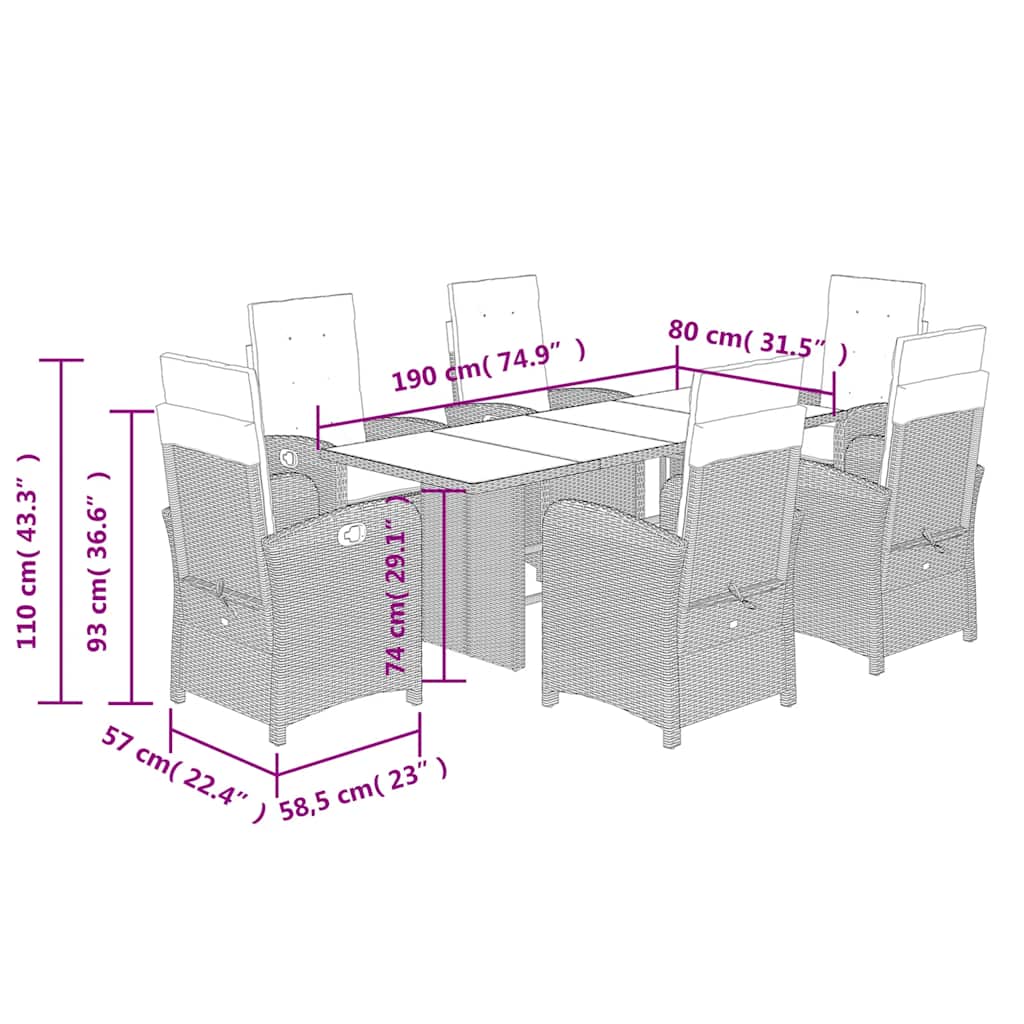 7 Piece Garden Dining Set with Cushions Grey Poly Rattan