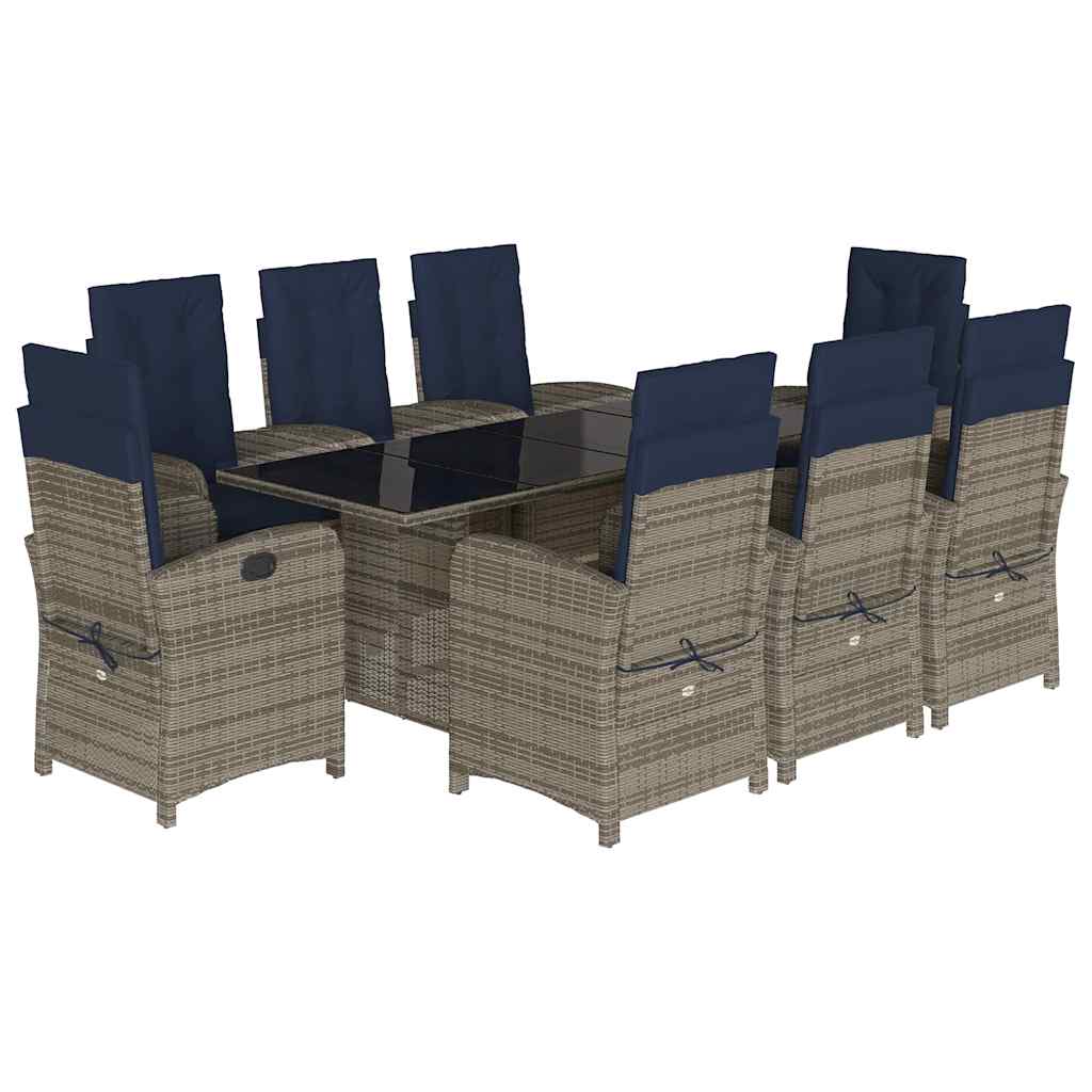 9 Piece Garden Dining Set with Cushions Grey Poly Rattan