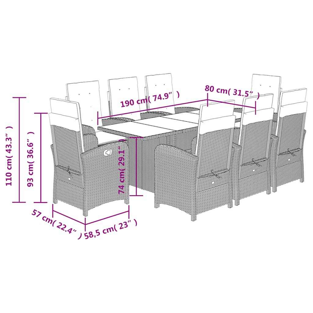 9 Piece Garden Dining Set with Cushions Grey Poly Rattan