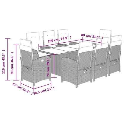 9 Piece Garden Dining Set with Cushions Grey Poly Rattan