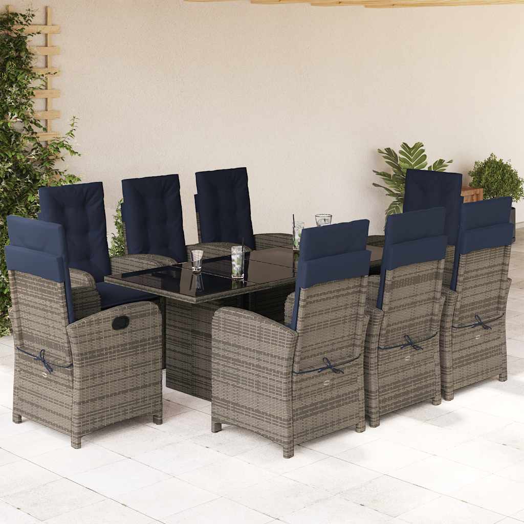9 Piece Garden Dining Set with Cushions Grey Poly Rattan