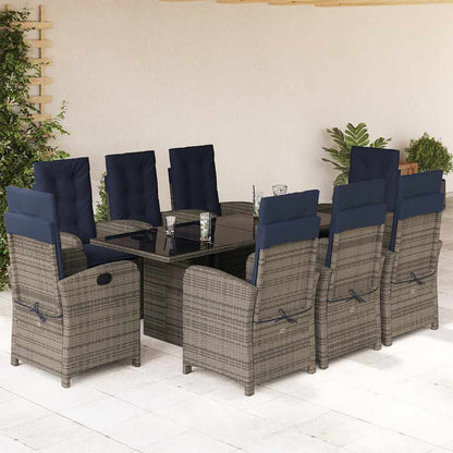 9 Piece Garden Dining Set with Cushions Grey Poly Rattan