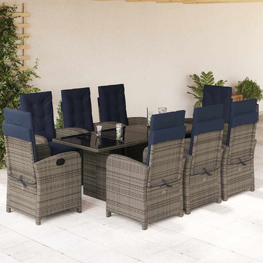 9 Piece Garden Dining Set with Cushions Grey Poly Rattan