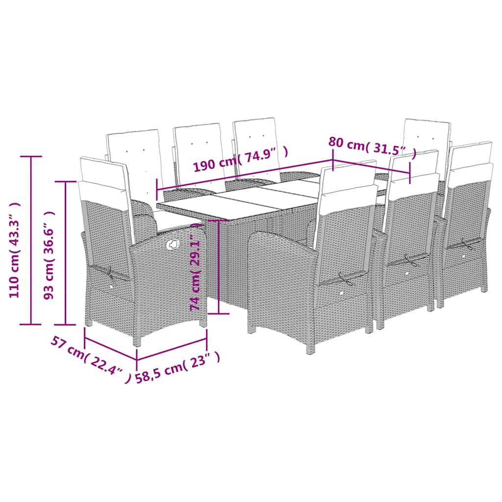 9 Piece Garden Dining Set with Cushions Grey Poly Rattan