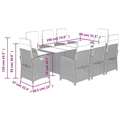 9 Piece Garden Dining Set with Cushions Grey Poly Rattan