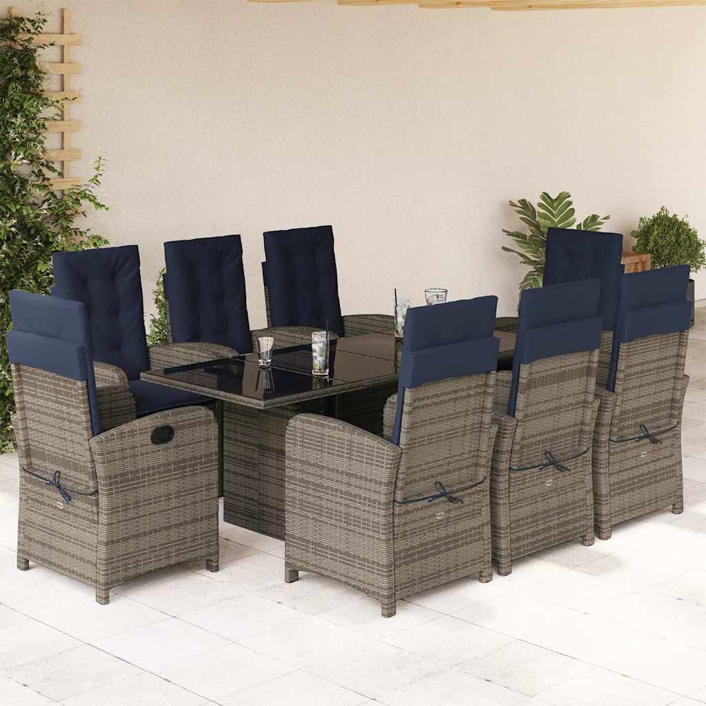 9 Piece Garden Dining Set with Cushions Grey Poly Rattan