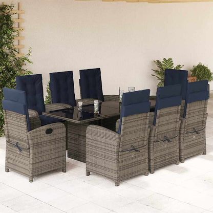 9 Piece Garden Dining Set with Cushions Grey Poly Rattan