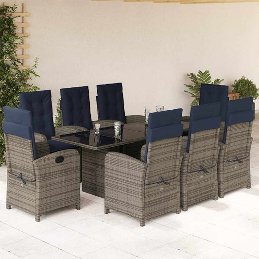 9 Piece Garden Dining Set with Cushions Grey Poly Rattan