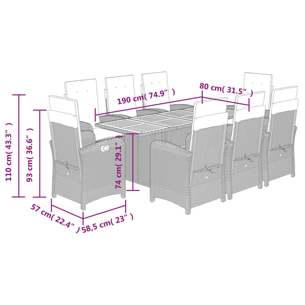 9 Piece Garden Dining Set with Cushions Grey Poly Rattan