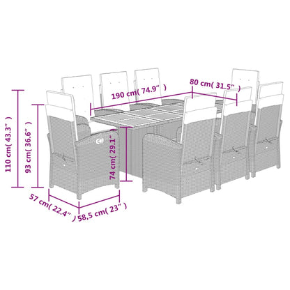 9 Piece Garden Dining Set with Cushions Grey Poly Rattan