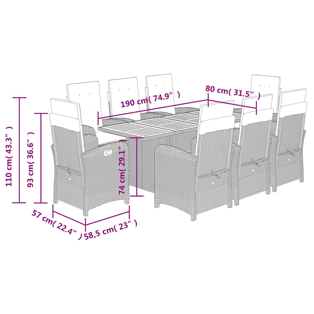 9 Piece Garden Dining Set with Cushions Grey Poly Rattan