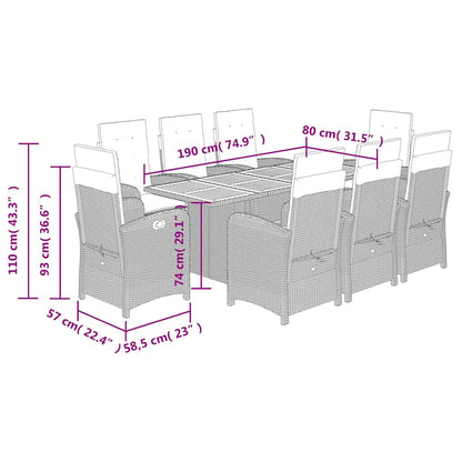 9 Piece Garden Dining Set with Cushions Grey Poly Rattan