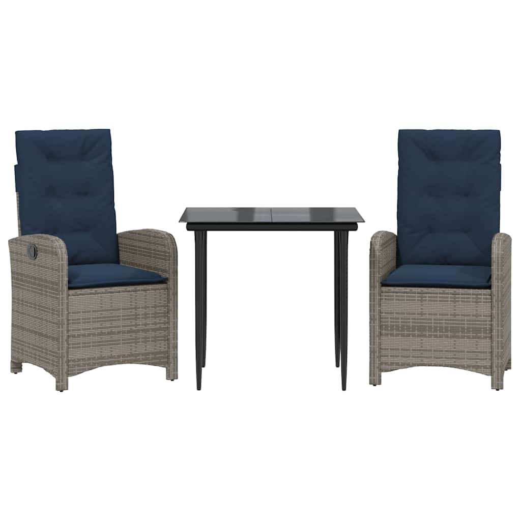 3 Piece Garden Dining Set with Cushions Grey Poly Rattan