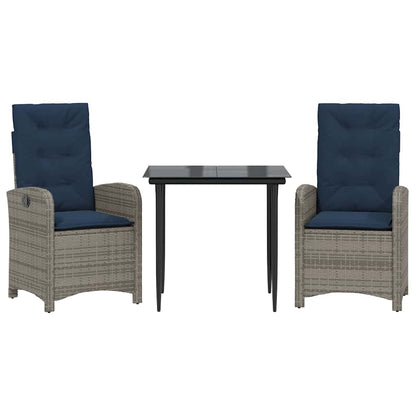 3 Piece Garden Dining Set with Cushions Grey Poly Rattan