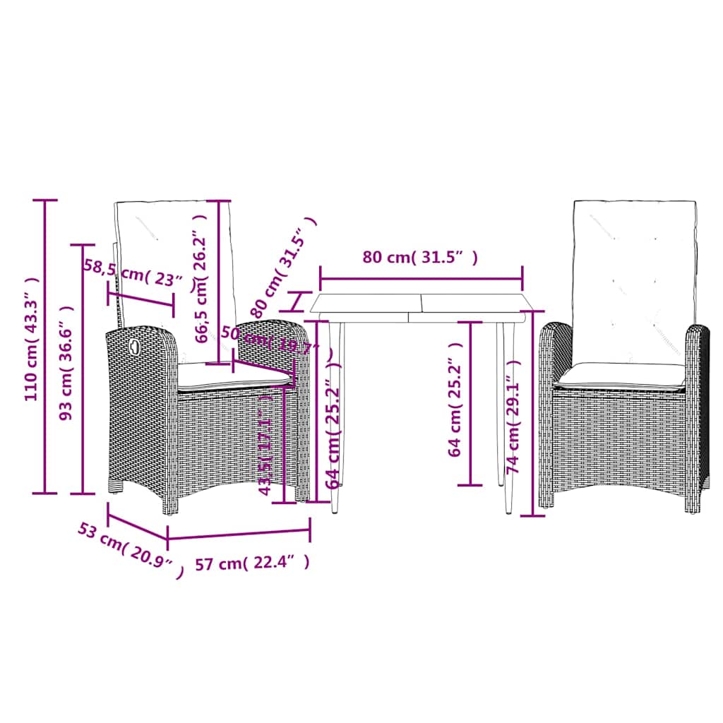 3 Piece Garden Dining Set with Cushions Grey Poly Rattan