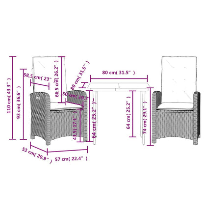 3 Piece Garden Dining Set with Cushions Grey Poly Rattan