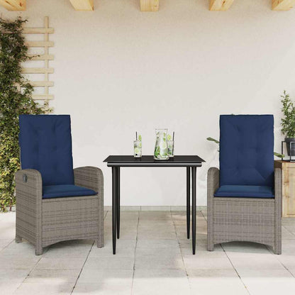 3 Piece Garden Dining Set with Cushions Grey Poly Rattan