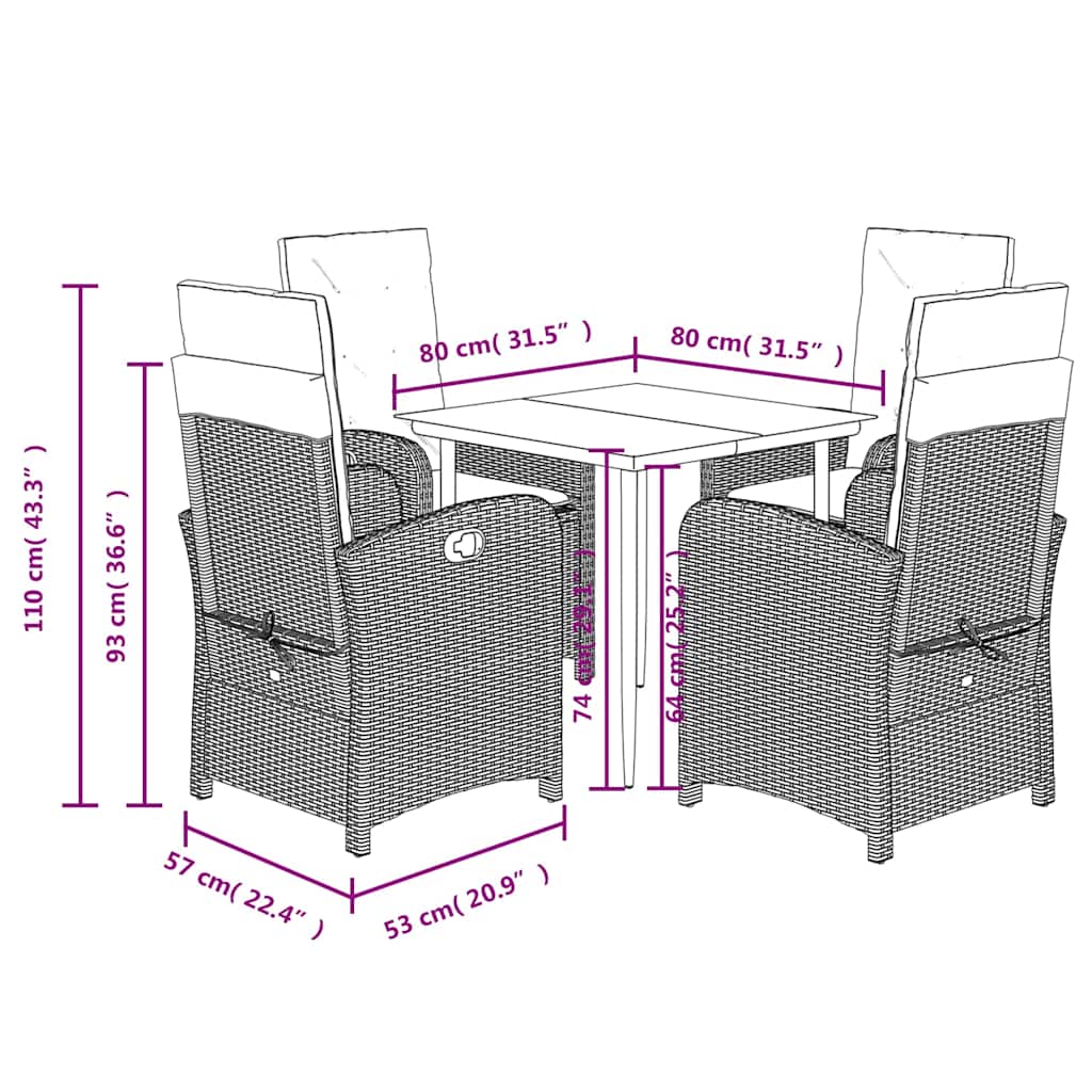 5 Piece Garden Dining Set with Cushions Grey Poly Rattan