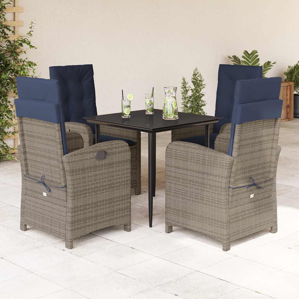 5 Piece Garden Dining Set with Cushions Grey Poly Rattan