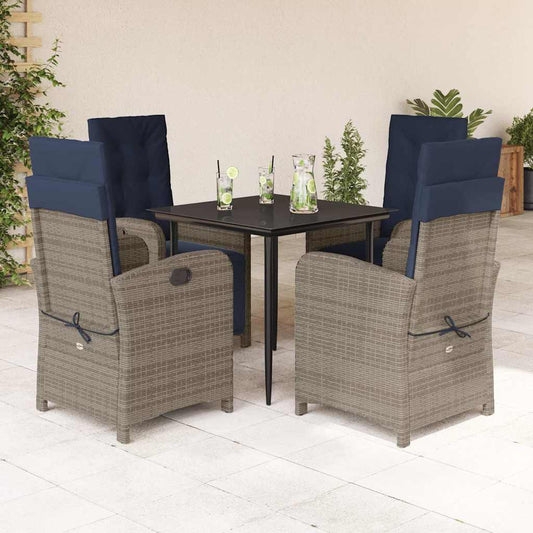 5 Piece Garden Dining Set with Cushions Grey Poly Rattan