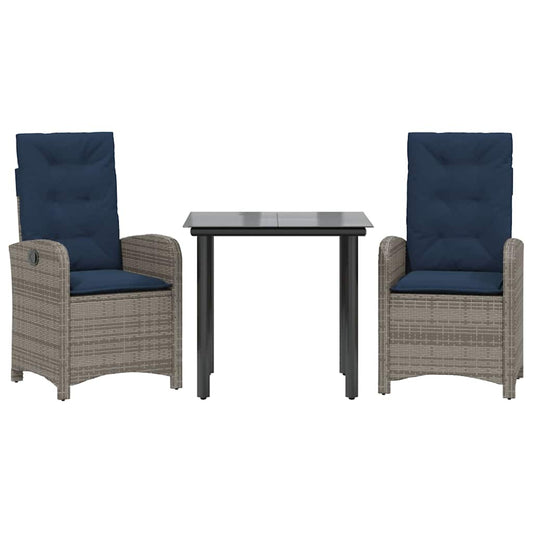 3 Piece Garden Dining Set with Cushions Grey Poly Rattan