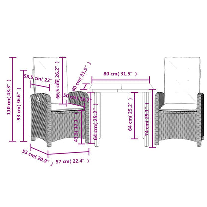3 Piece Garden Dining Set with Cushions Grey Poly Rattan (US only)