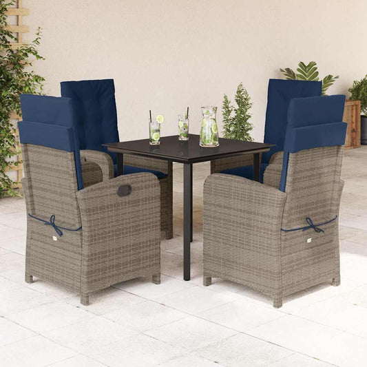 5 Piece Garden Dining Set with Cushions Grey Poly Rattan