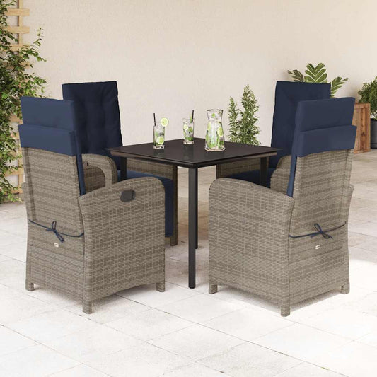 5 Piece Garden Dining Set with Cushions Grey Poly Rattan