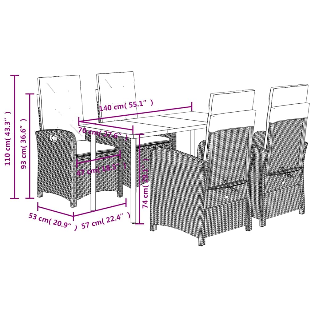 5 Piece Garden Dining Set with Cushions Grey Poly Rattan