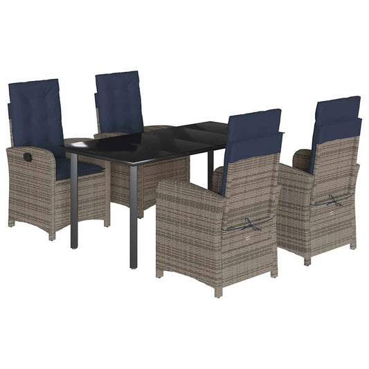 5 Piece Garden Dining Set with Cushions Grey Poly Rattan