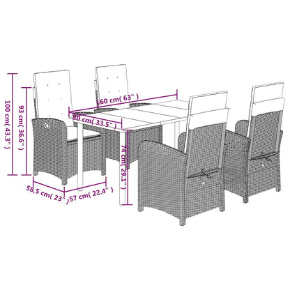 5 Piece Garden Dining Set with Cushions Grey Poly Rattan
