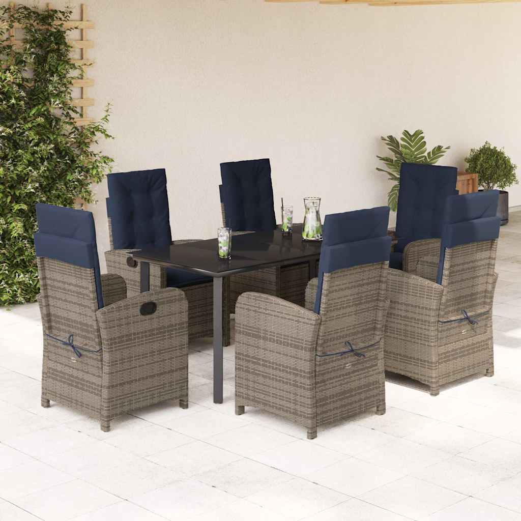 7 Piece Garden Dining Set with Cushions Grey Poly Rattan