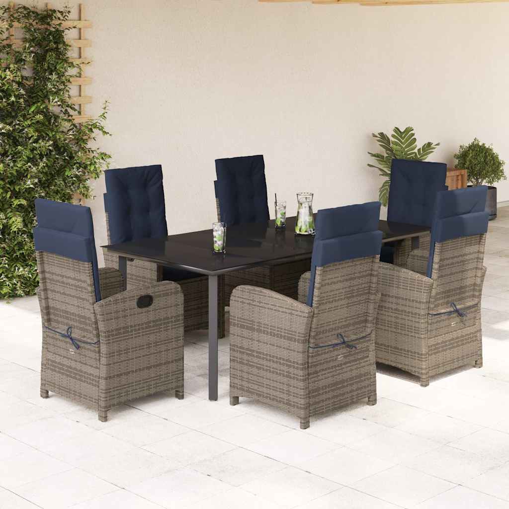 7 Piece Garden Dining Set with Cushions Grey Poly Rattan