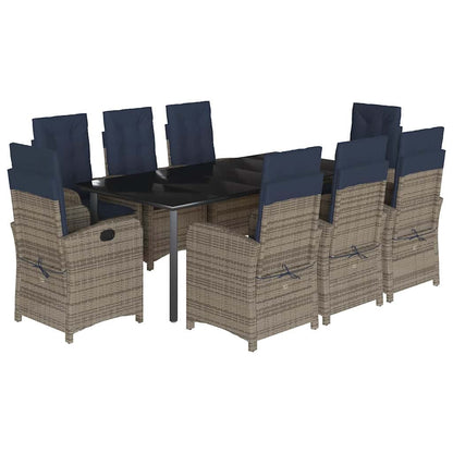 9 Piece Garden Dining Set with Cushions Grey Poly Rattan