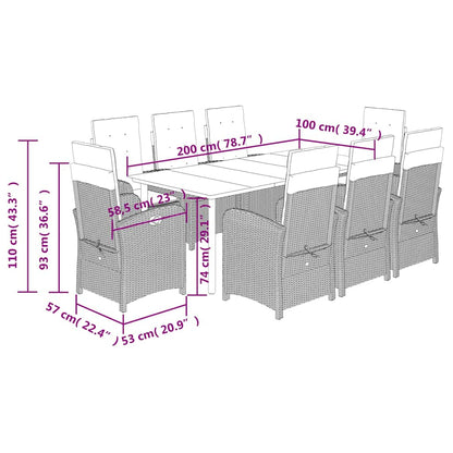 9 Piece Garden Dining Set with Cushions Grey Poly Rattan