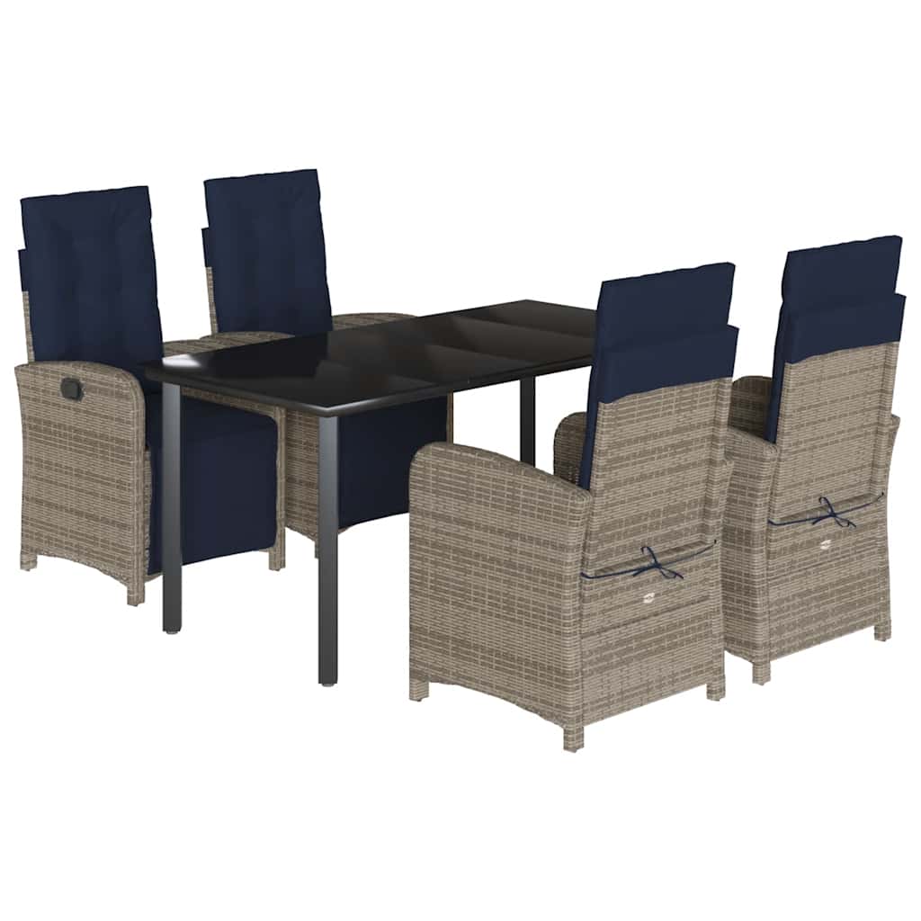 5 Piece Garden Dining Set with Cushions Grey Poly Rattan