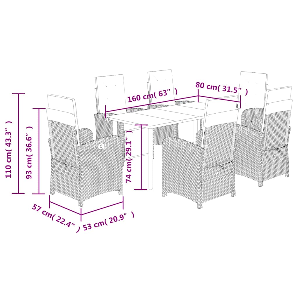 7 Piece Garden Dining Set with Cushions Grey Poly Rattan
