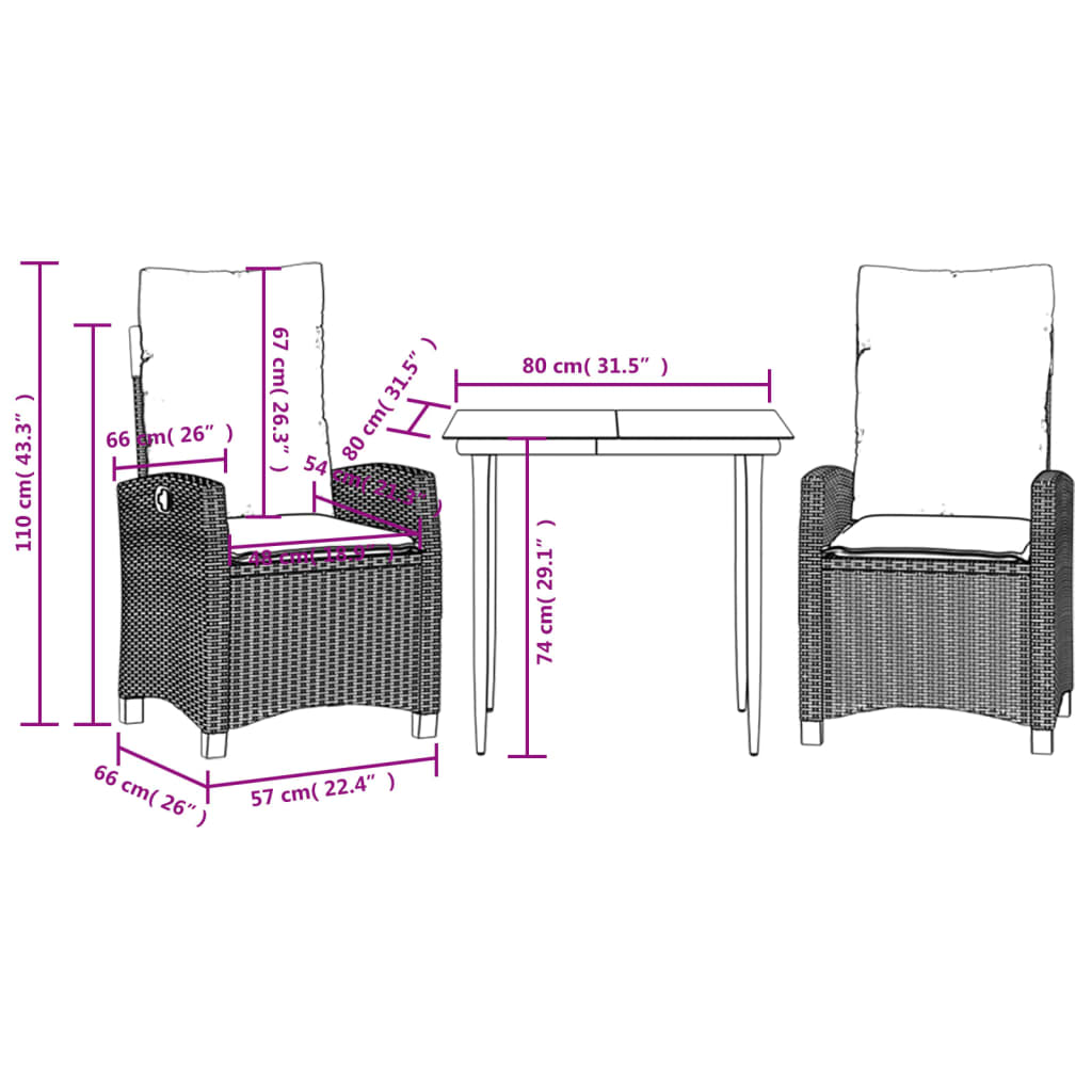 3 Piece Garden Dining Set with Cushions Grey Poly Rattan