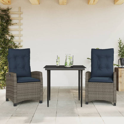 3 Piece Garden Dining Set with Cushions Grey Poly Rattan
