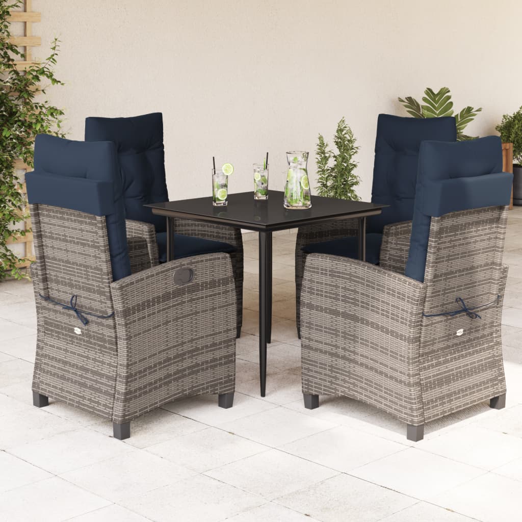 5 Piece Garden Dining Set with Cushions Grey Poly Rattan