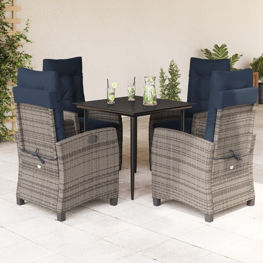 5 Piece Garden Dining Set with Cushions Grey Poly Rattan