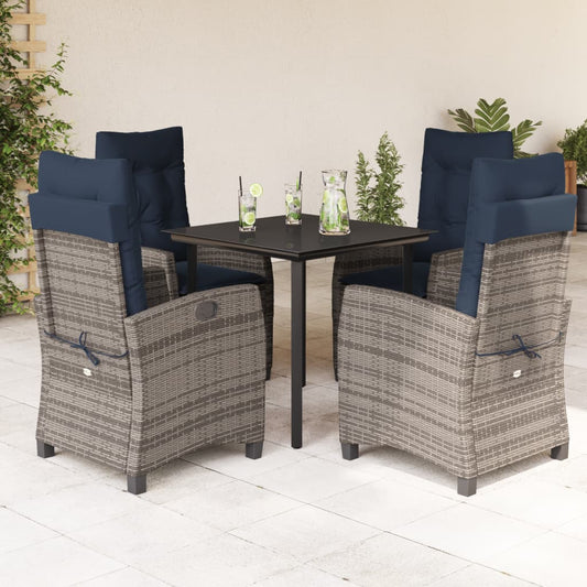 5 Piece Garden Dining Set with Cushions Grey Poly Rattan