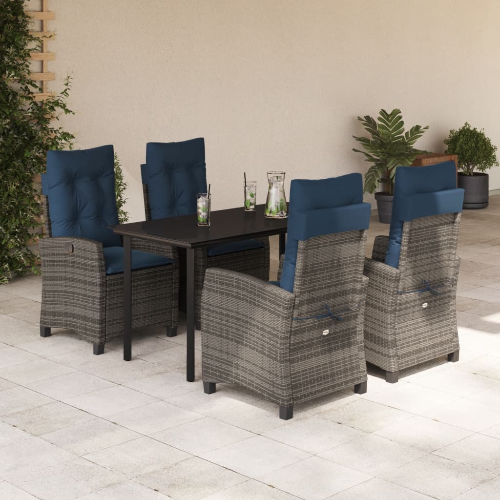 5 Piece Garden Dining Set with Cushions Grey Poly Rattan