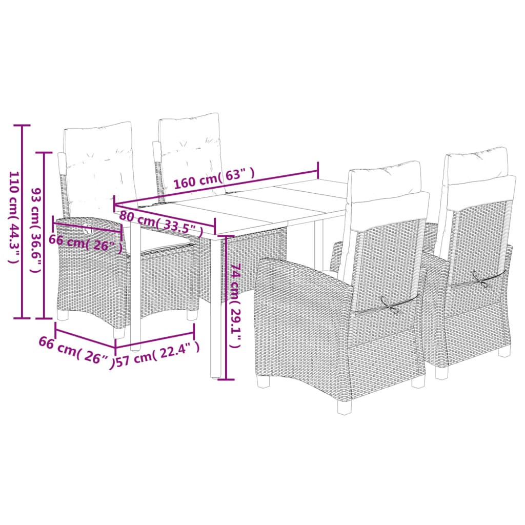 5 Piece Garden Dining Set with Cushions Grey Poly Rattan