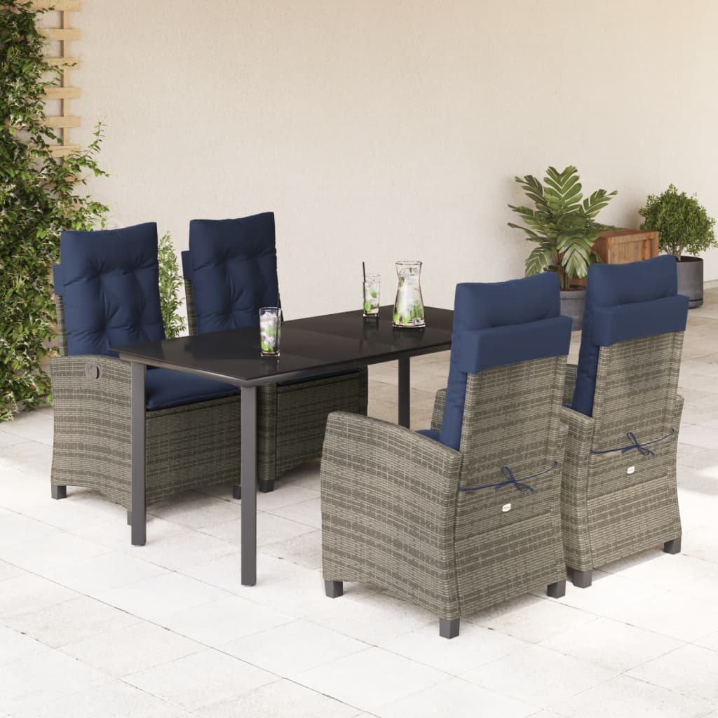 5 Piece Garden Dining Set with Cushions Grey Poly Rattan