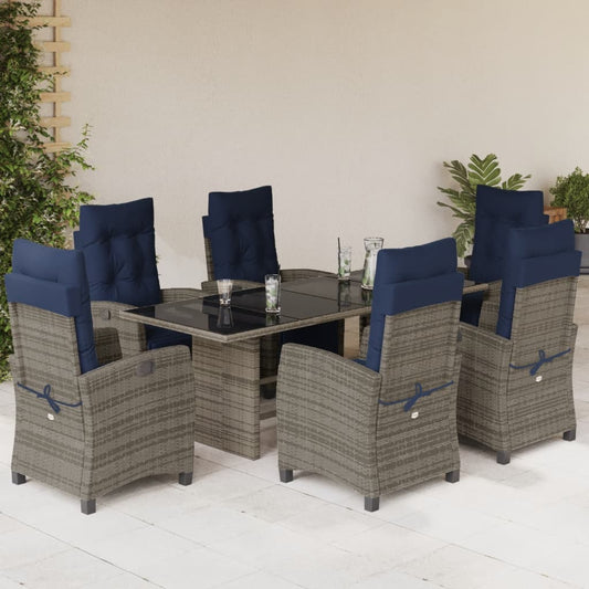 7 Piece Garden Dining Set with Cushions Grey Poly Rattan