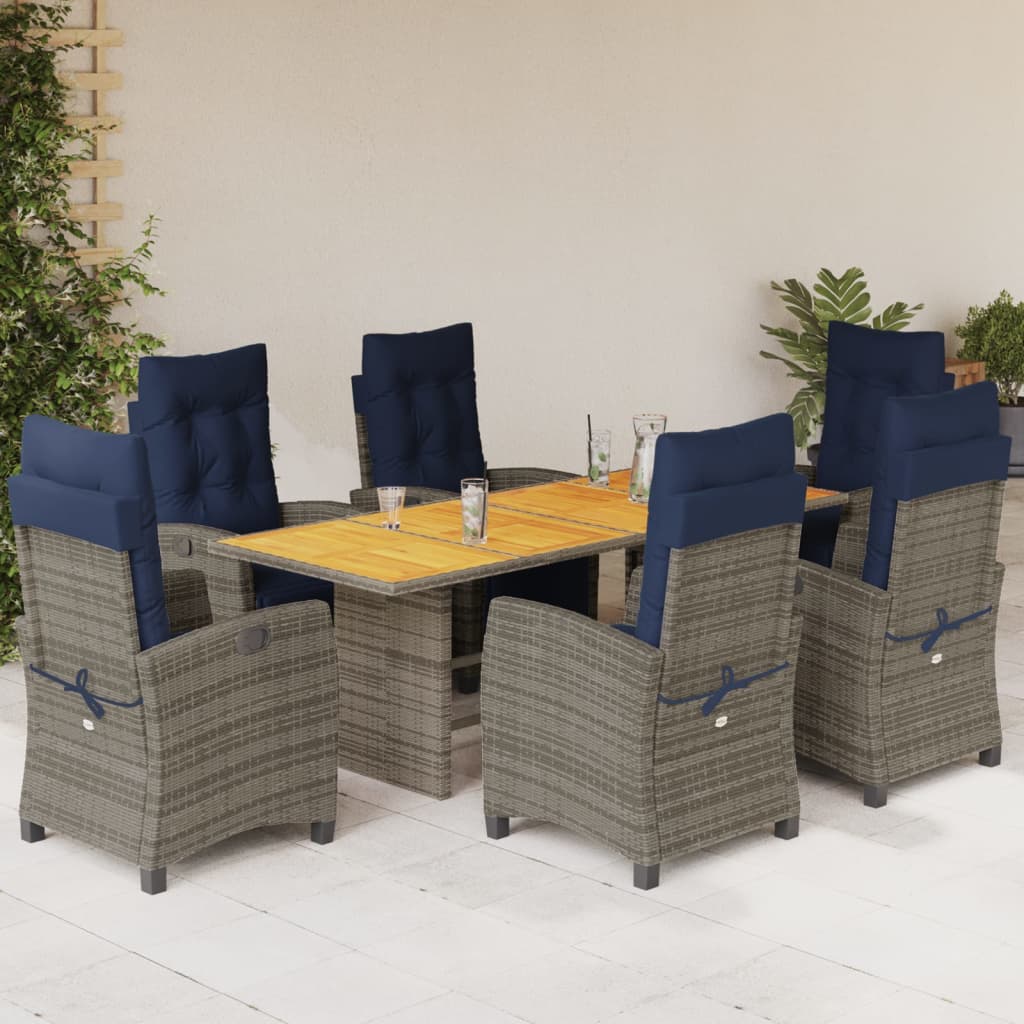 7 Piece Garden Dining Set with Cushions Grey Poly Rattan