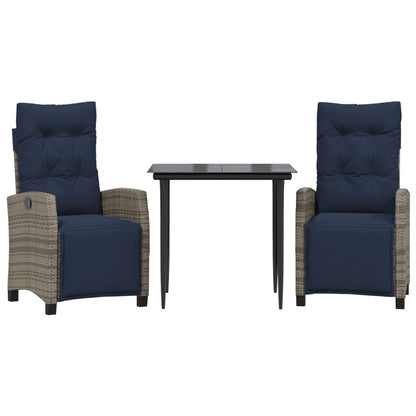 3 Piece Garden Dining Set with Cushions Grey Poly Rattan