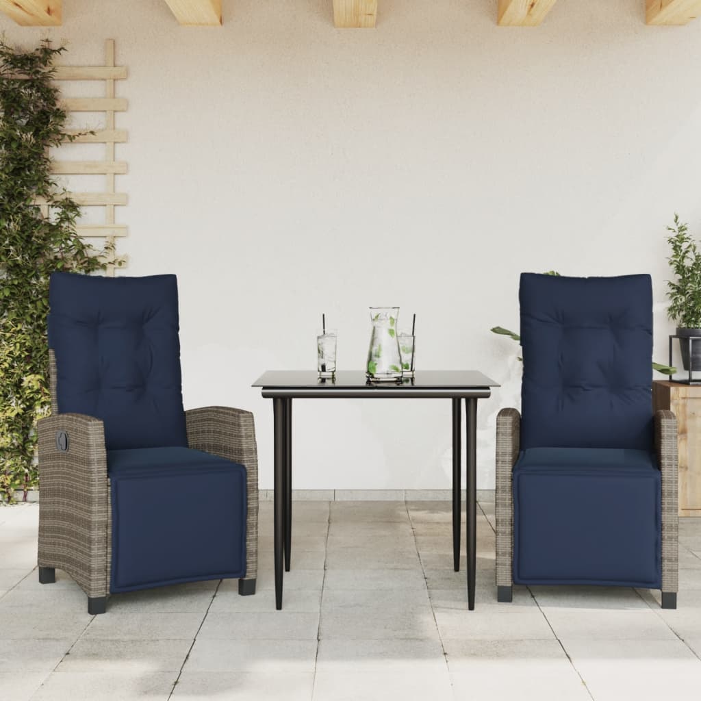 3 Piece Garden Dining Set with Cushions Grey Poly Rattan