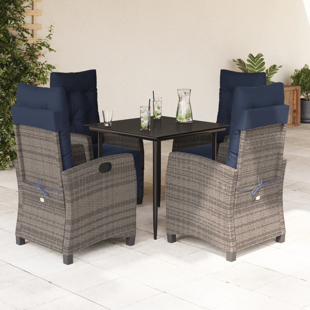 5 Piece Garden Dining Set with Cushions Grey Poly Rattan